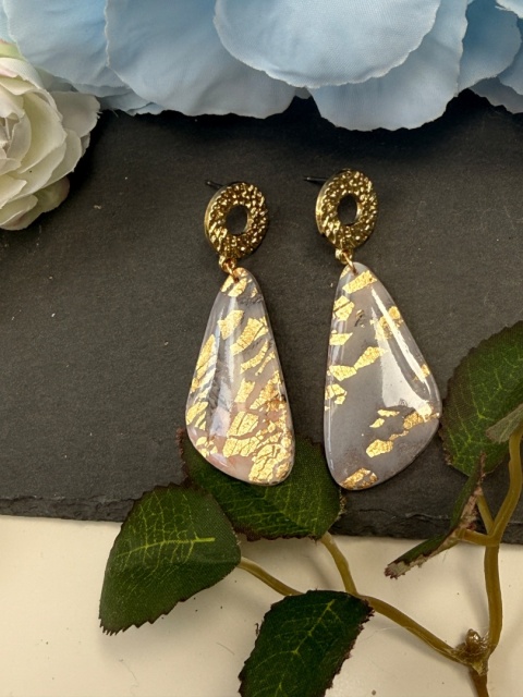 Kolczyki "Agat Różany"|HandMade|Glina Polimerowa|Szary Róż & Bogate Złoto