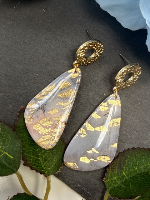 Kolczyki "Agat Różany"|HandMade|Glina Polimerowa|Szary Róż & Bogate Złoto