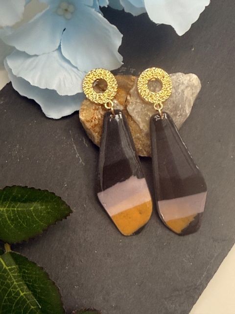 Kolczyki Handmade "Shadow & Amber"|Glina|Czerń,Nude&Złoty Musztardowy