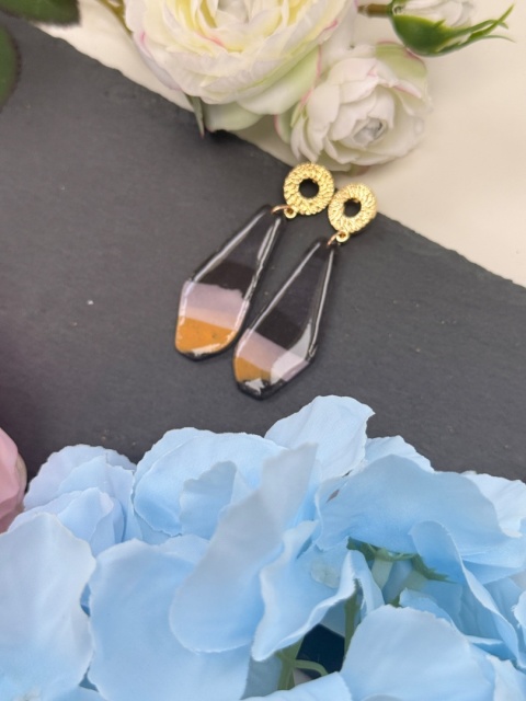 Kolczyki Handmade "Shadow & Amber"|Glina|Czerń,Nude&Złoty Musztardowy