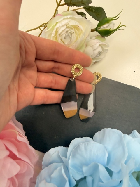 Kolczyki Handmade "Shadow & Amber"|Glina|Czerń,Nude&Złoty Musztardowy