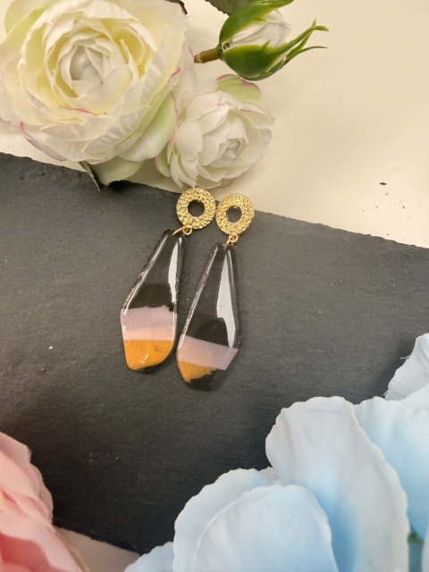 Kolczyki Handmade "Shadow & Amber"|Glina|Czerń,Nude&Złoty Musztardowy
