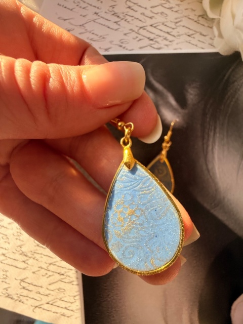 Kolczyki "Złote Łezki" Królewski Błękit | Złoty Wzór Kwiatowy | Vintage