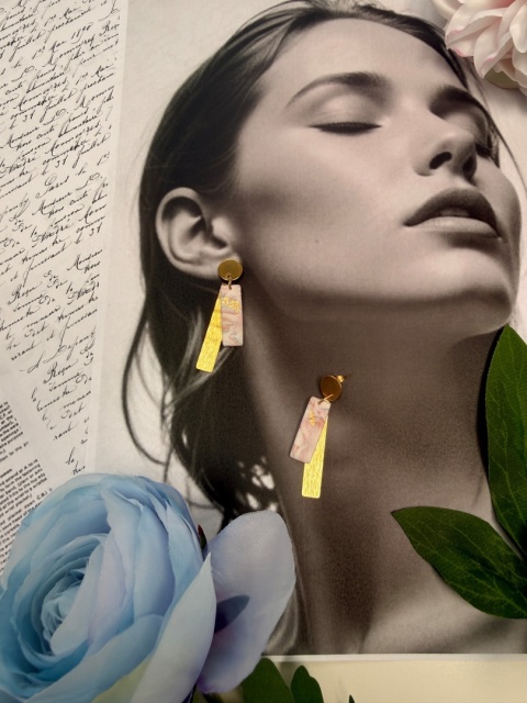 Kolczyki"Pink Marble Bar" |Glina Polimerowa|Delikatny Róż & Złota Tekstura