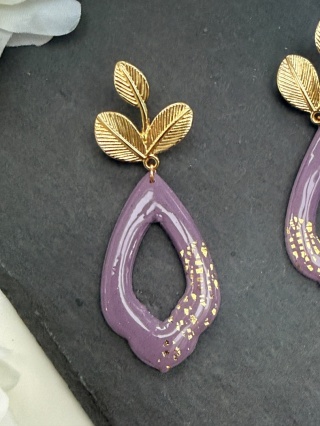 Ręcznie Robione Kolczyki "Lawendowy Liść" |Glina Polimerowa |Ażurowa Kropla