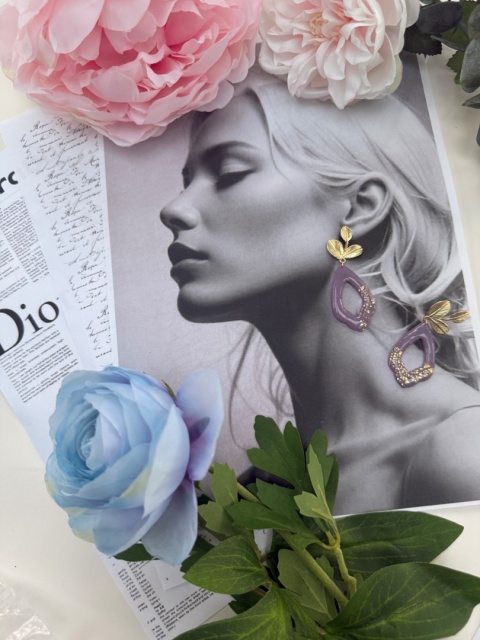 Ręcznie Robione Kolczyki "Lawendowy Liść" |Glina Polimerowa |Ażurowa Kropla