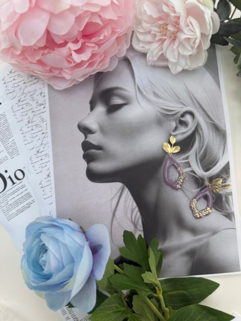 Ręcznie Robione Kolczyki "Lawendowy Liść" |Glina Polimerowa |Ażurowa Kropla