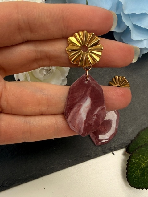 Kolczyki BORDOWY MARMUR & ZŁOTY KWIAT|Rękodzieło Glina Polimerowa|Luksusowa