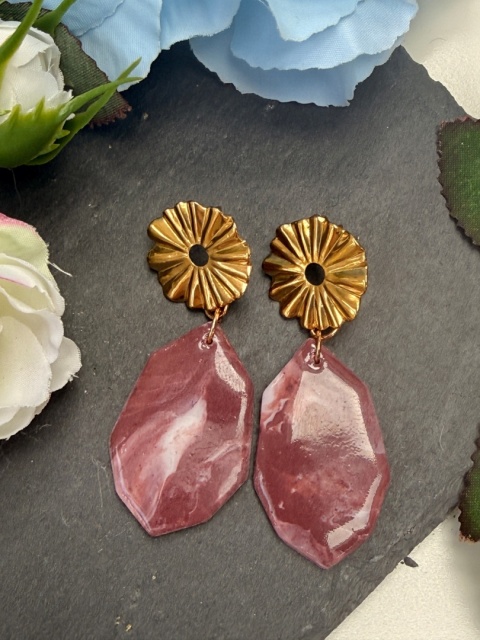 Kolczyki BORDOWY MARMUR & ZŁOTY KWIAT|Rękodzieło Glina Polimerowa|Luksusowa