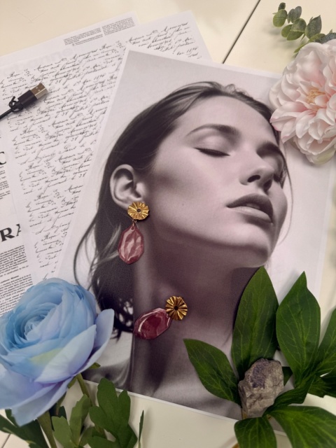 Kolczyki BORDOWY MARMUR & ZŁOTY KWIAT|Rękodzieło Glina Polimerowa|Luksusowa