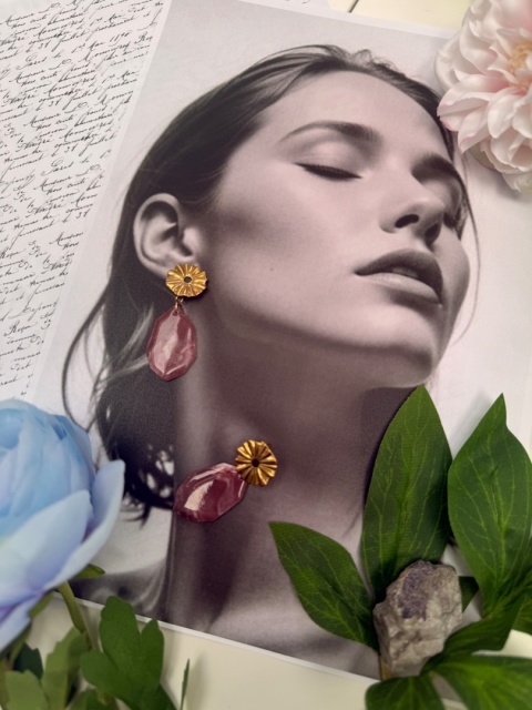 Kolczyki BORDOWY MARMUR & ZŁOTY KWIAT|Rękodzieło Glina Polimerowa|Luksusowa