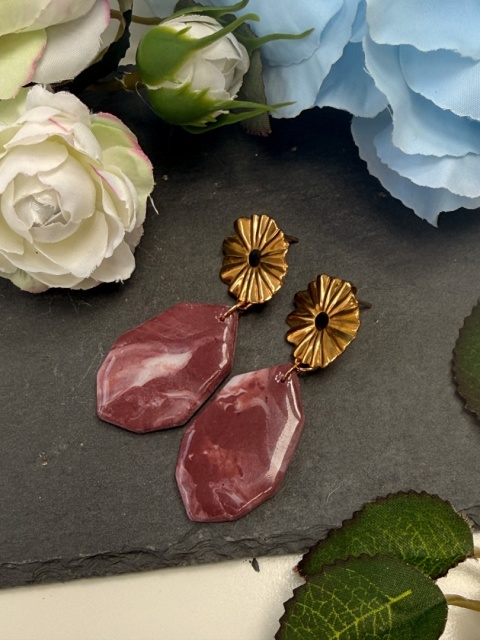 Kolczyki BORDOWY MARMUR & ZŁOTY KWIAT|Rękodzieło Glina Polimerowa|Luksusowa