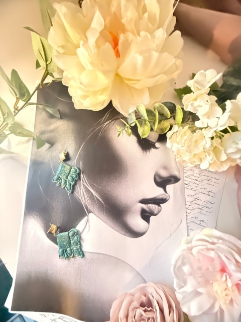 Kolczyki "Szałwiowy Listek"|Miętowa Szałwia & Złota Mandala| Styl Boho-Chic