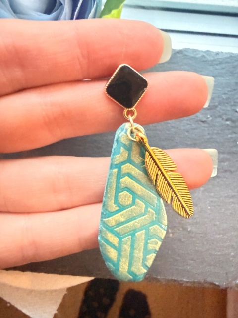 Designerskie Kolczyki "Złoty Liść"| Nasycony Turkus & Czarny Akcent