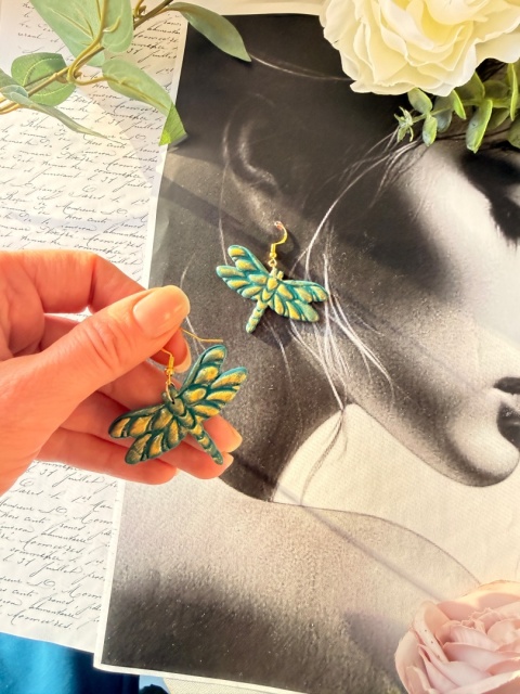 Artystyczne Kolczyki "Złocista Ważka" |Rękodzieło|Turkus & Złoto|Lekkość