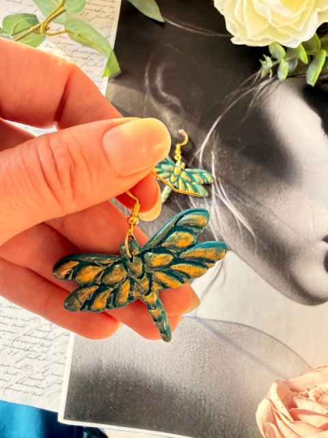 Artystyczne Kolczyki "Złocista Ważka" |Rękodzieło|Turkus & Złoto|Lekkość