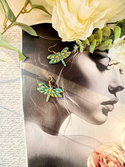 Artystyczne Kolczyki "Złocista Ważka" |Rękodzieło|Turkus & Złoto|Lekkość