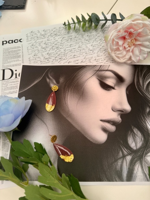 Ręcznie Robione Kolczyki "Burgund & Złoto" |Glina Polimerowa bez nazwy