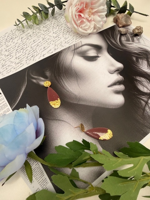 Ręcznie Robione Kolczyki "Burgund & Złoto" |Glina Polimerowa bez nazwy