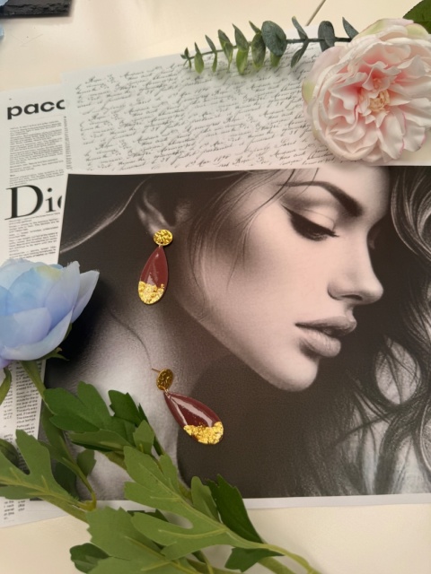 Ręcznie Robione Kolczyki "Burgund & Złoto" |Glina Polimerowa bez nazwy