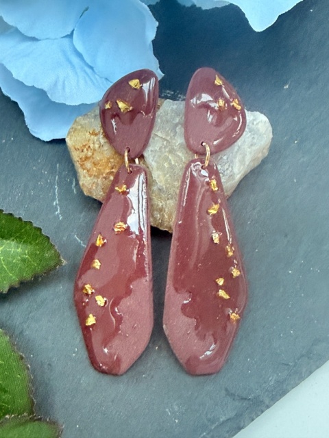 Ręcznie Robione Kolczyki "Burgund & Złoto" | Glina Polimerowa