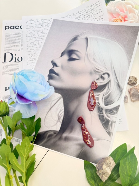 Ręcznie Robione Kolczyki "Burgund & Złoto" | Glina Polimerowa