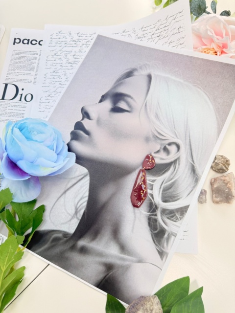 Ręcznie Robione Kolczyki "Burgund & Złoto" | Glina Polimerowa