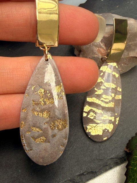 Ręcznie Robione Kolczyki "Kropla Glamour Taupe"|Glina Polimerowa & Złoto