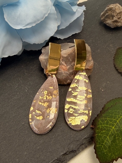 Ręcznie Robione Kolczyki "Kropla Glamour Taupe"|Glina Polimerowa & Złoto