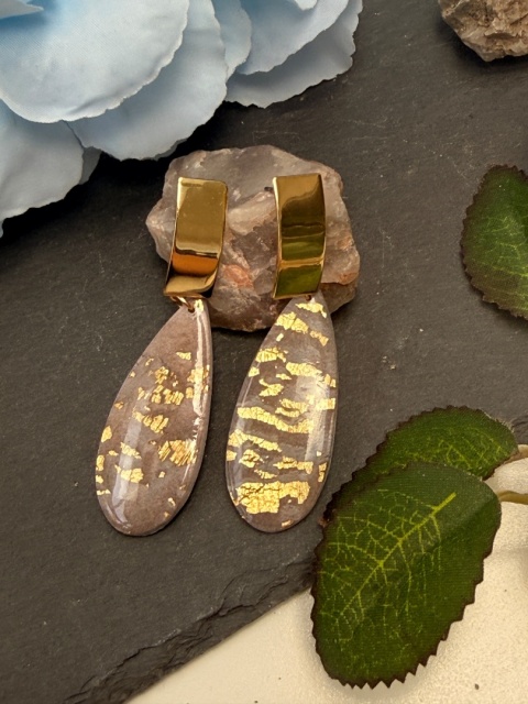 Ręcznie Robione Kolczyki "Kropla Glamour Taupe"|Glina Polimerowa & Złoto