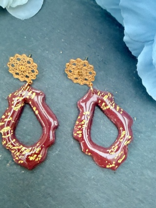 Ręcznie Robione Kolczyki"Bordowa Koronka"|Glina Polimerowa|Ażurowy Kształt