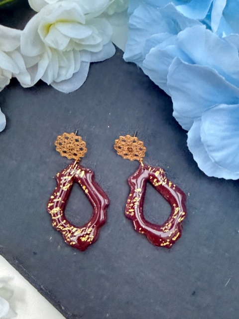 Ręcznie Robione Kolczyki"Bordowa Koronka"|Glina Polimerowa|Ażurowy Kształt