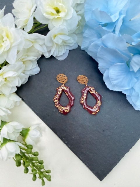 Ręcznie Robione Kolczyki"Bordowa Koronka"|Glina Polimerowa|Ażurowy Kształt