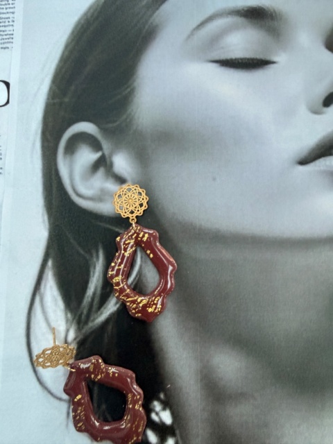 Ręcznie Robione Kolczyki"Bordowa Koronka"|Glina Polimerowa|Ażurowy Kształt