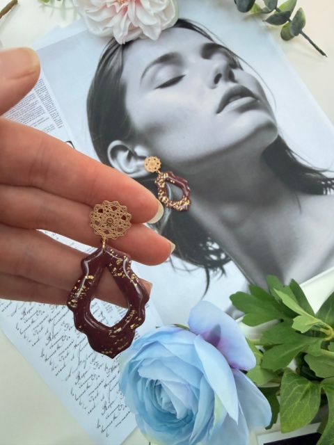 Ręcznie Robione Kolczyki"Bordowa Koronka"|Glina Polimerowa|Ażurowy Kształt