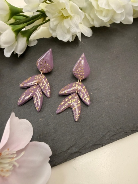 Unikatowe Kolczyki Kaskadowe "Lawendowe Złoto"HandMade z Gliny Polimerowej