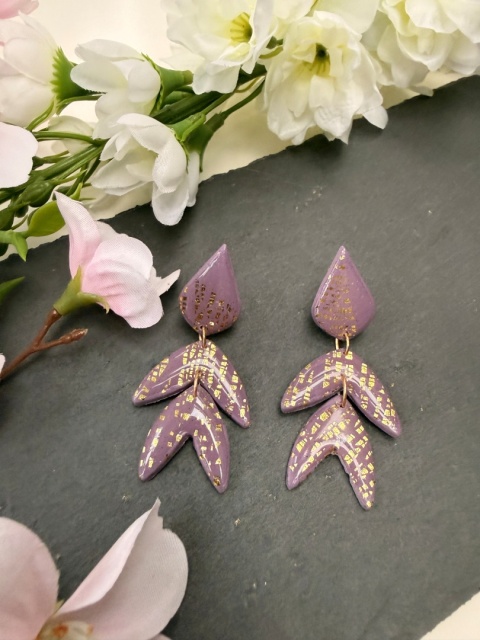 Unikatowe Kolczyki Kaskadowe "Lawendowe Złoto"HandMade z Gliny Polimerowej