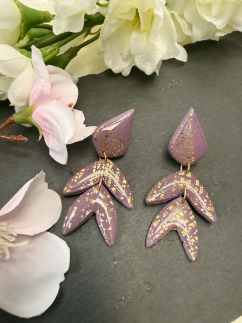 Unikatowe Kolczyki Kaskadowe "Lawendowe Złoto"HandMade z Gliny Polimerowej