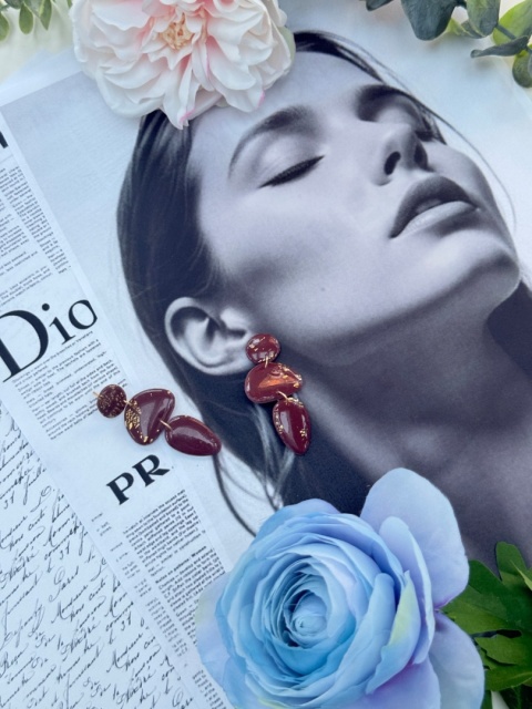 bez Ręcznie Robione Kolczyki "Kaskada Wina"|Trzy Elementy&Płatki Złota