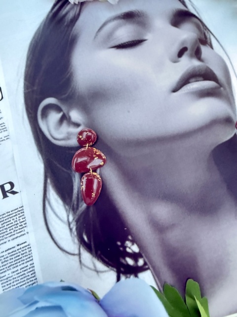 bez Ręcznie Robione Kolczyki "Kaskada Wina"|Trzy Elementy&Płatki Złota